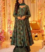 Green heavy georgette silk blend digital printed kurti with palazzo set