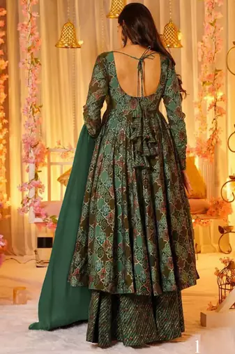 Green heavy georgette silk blend digital printed kurti with palazzo set