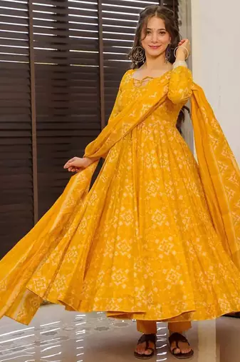 Yellow muslin silk blend digital printed kurti with palazzo set