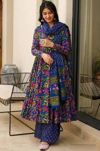 Blue muslin silk blend digital printed kurti with palazzo set