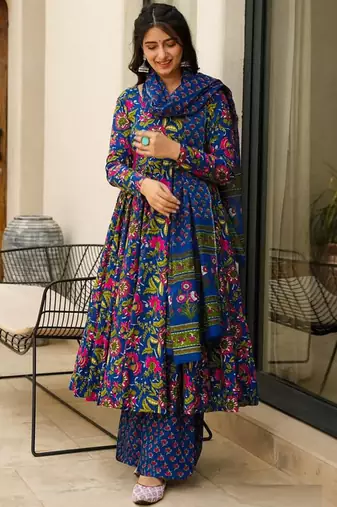 Blue muslin silk blend digital printed kurti with palazzo set
