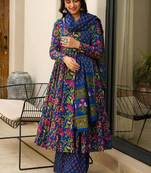 Blue muslin silk blend digital printed kurti with palazzo set