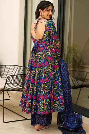 Blue muslin silk blend digital printed kurti with palazzo set