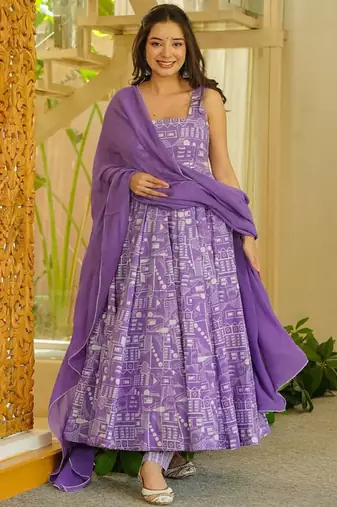 Purple heavy georgette silk blend kurti pant with dupatta set