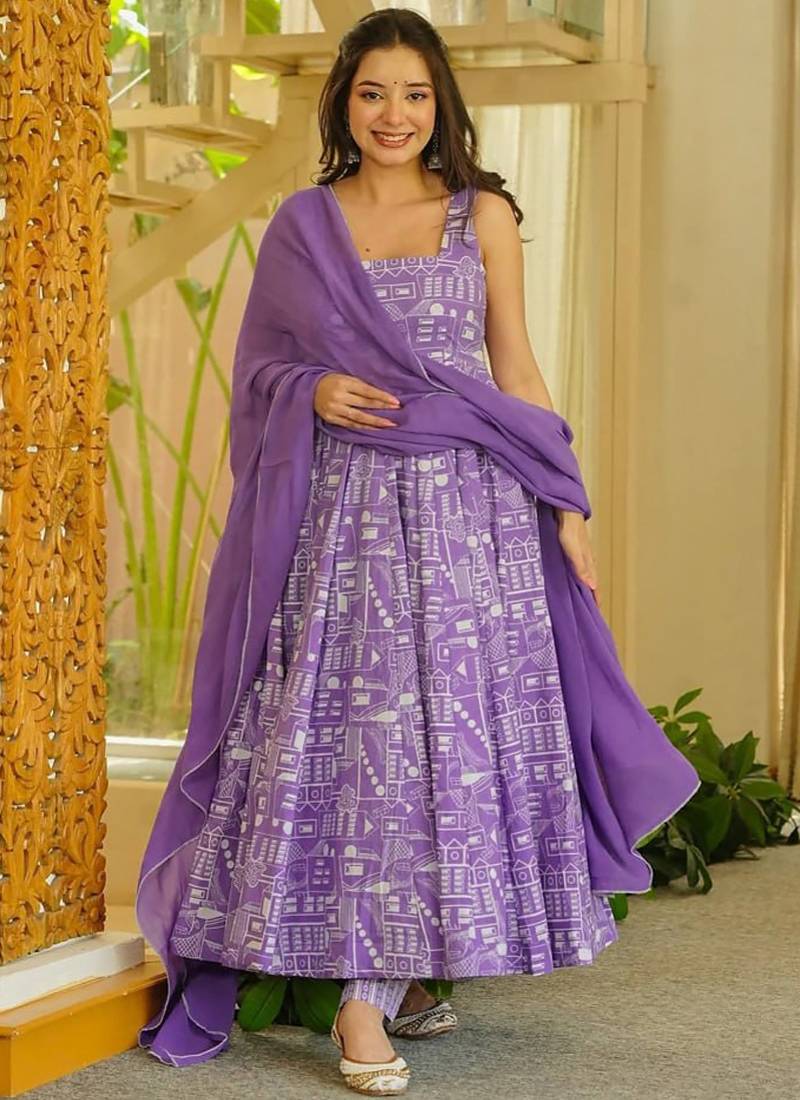 Purple heavy georgette silk blend kurti pant with dupatta set