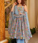 Sky blue muslin silk blend kurti pant with dupatta set