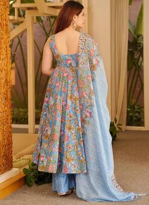 Sky blue muslin silk blend kurti pant with dupatta set 2