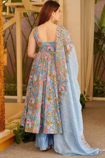 Sky blue muslin silk blend kurti pant with dupatta set