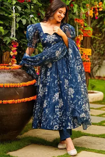 Blue tebby silk blend anarkali salwar suit with dupatta