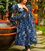 Blue tebby silk blend anarkali salwar suit with dupatta