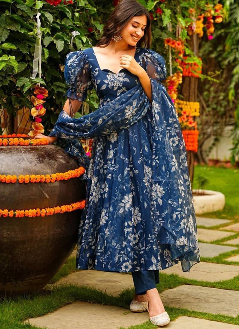 Blue tebby silk blend anarkali salwar suit with dupatta