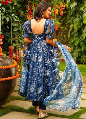 Blue tebby silk blend anarkali salwar suit with dupatta 2
