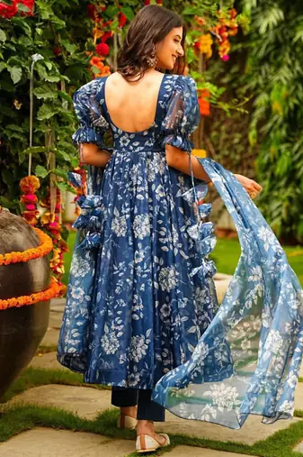 Blue tebby silk blend anarkali salwar suit with dupatta