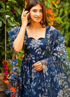 Blue tebby silk blend anarkali salwar suit with dupatta 3