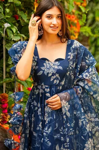 Blue tebby silk blend anarkali salwar suit with dupatta