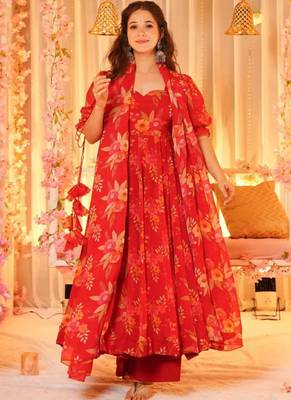 Orange tebby silk blend anarkali kurta pant dupatta set 1