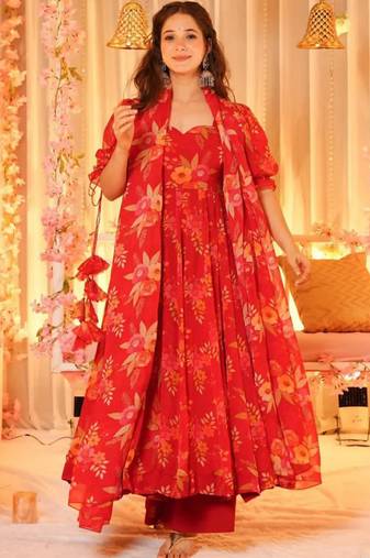 Orange tebby silk blend anarkali kurta pant dupatta set