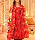 Orange tebby silk blend anarkali kurta pant dupatta set