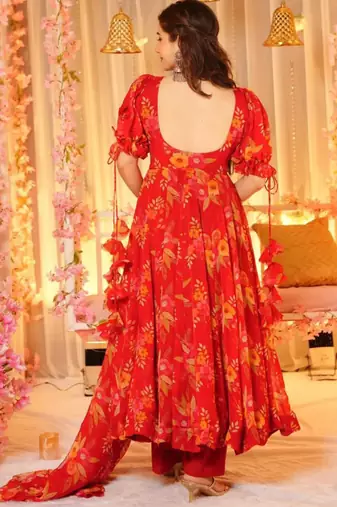 Orange tebby silk blend anarkali kurta pant dupatta set
