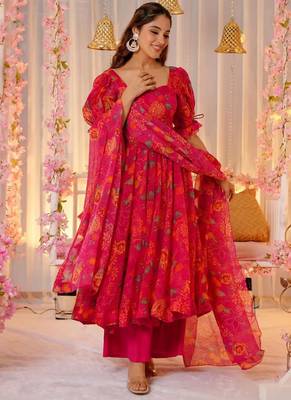 Pink tebby silk blend anarkali kurta pant dupatta set 1