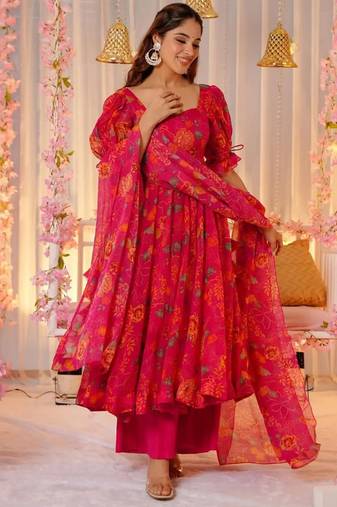 Pink tebby silk blend anarkali kurta pant dupatta set