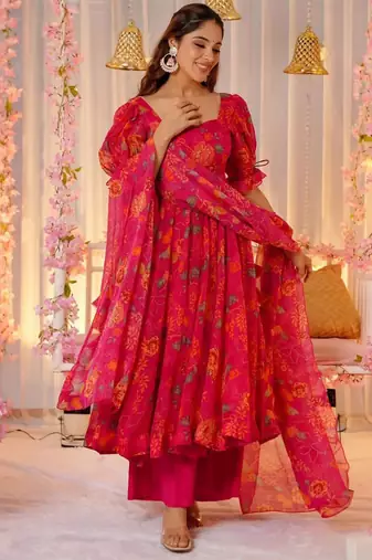 Pink tebby silk blend anarkali kurta pant dupatta set