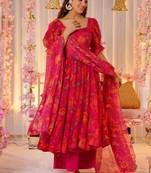 Pink tebby silk blend anarkali kurta pant dupatta set