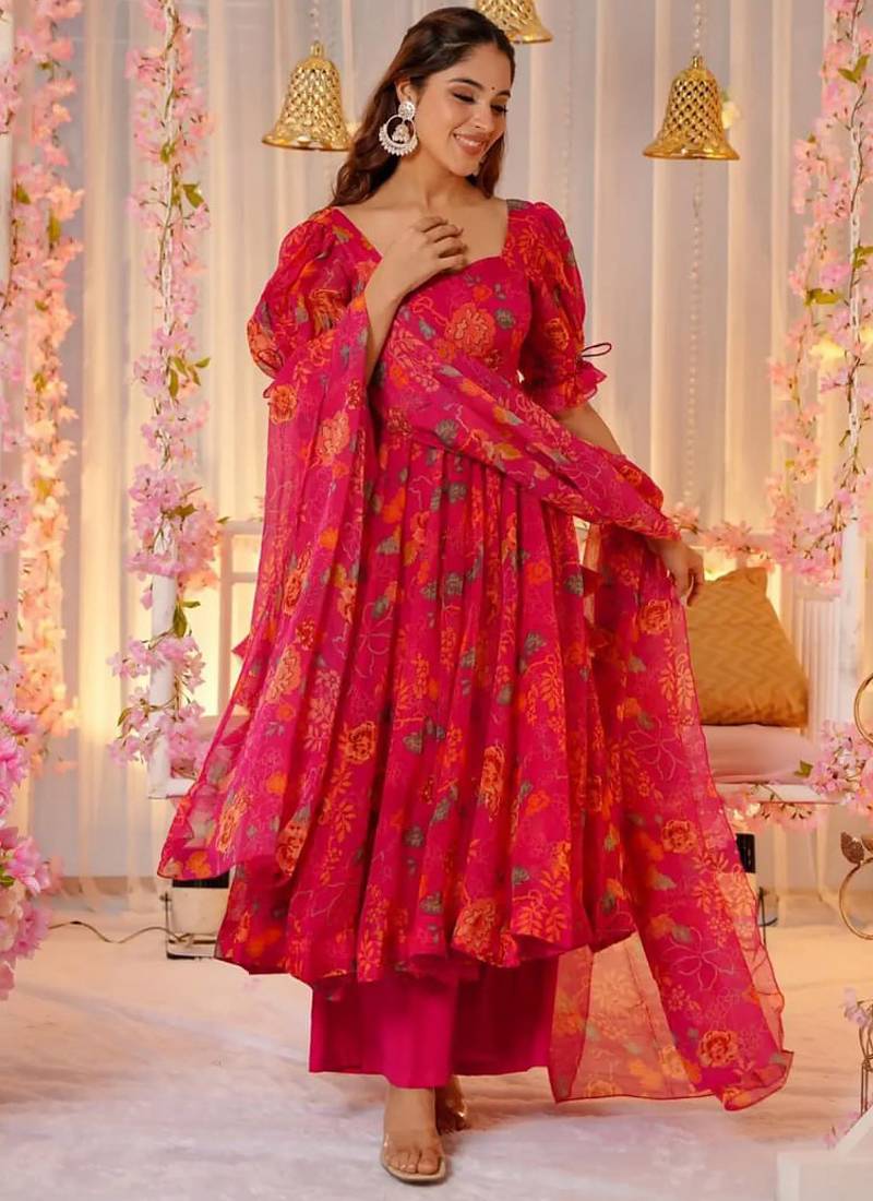 Pink tebby silk blend anarkali kurta pant dupatta set