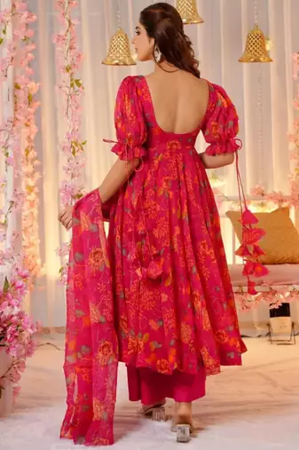 Pink tebby silk blend anarkali kurta pant dupatta set
