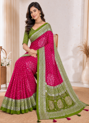 Mehendi Green Foil Print With Beautiful Mirror Crepe georgettete Saree 1