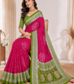 Mehendi Green Foil Print With Beautiful Mirror Crepe georgettete Saree
