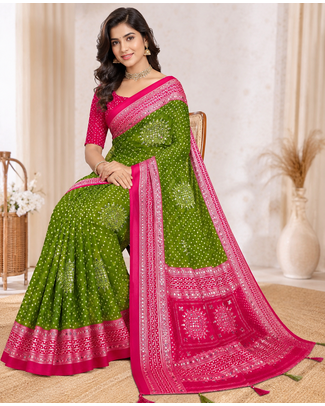 Mehendi Green Color Foil Print With Beautiful Mirror Work Crepe Georgette Saree 1