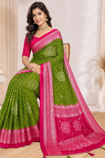 Mehendi Green Foil Print With Beautiful Mirror Crepe georgettete Saree
