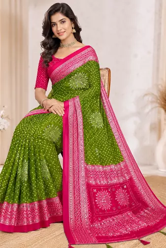 Mehendi Green Color Foil Print With Beautiful Mirror Work Crepe Georgette Saree