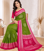 Mehendi Green Color Foil Print With Beautiful Mirror Work Crepe Georgette Saree