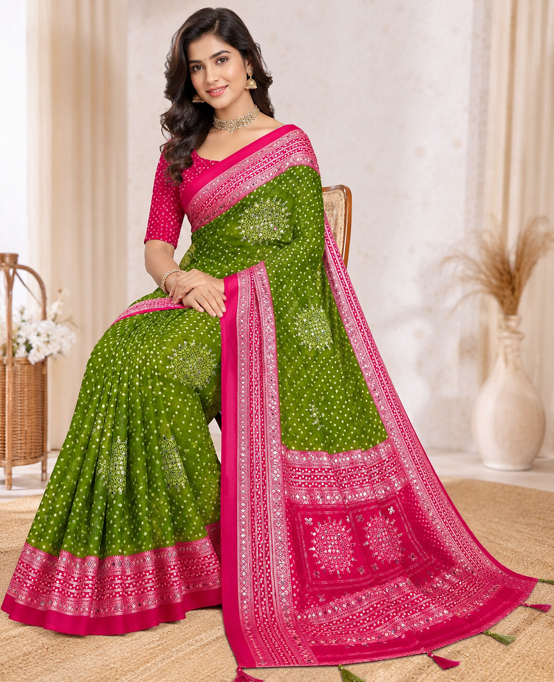 Mehendi Green Color Foil Print With Beautiful Mirror Work Crepe Georgette Saree