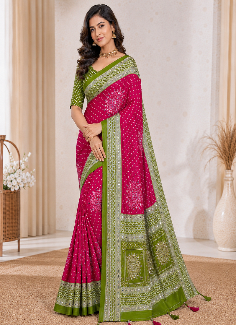 Mehendi Green Foil Print With Beautiful Mirror Crepe georgettete Saree