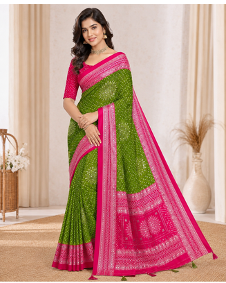 Mehendi Green Color Foil Print With Beautiful Mirror Work Crepe Georgette Saree 2