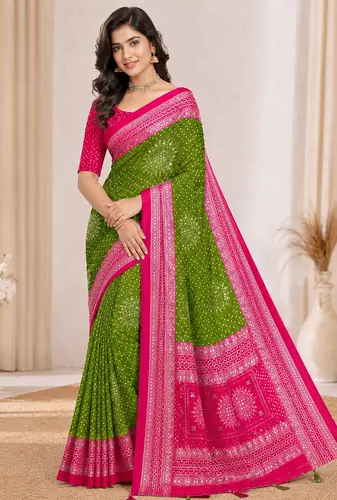 Mehendi Green Color Foil Print With Beautiful Mirror Work Crepe Georgette Saree