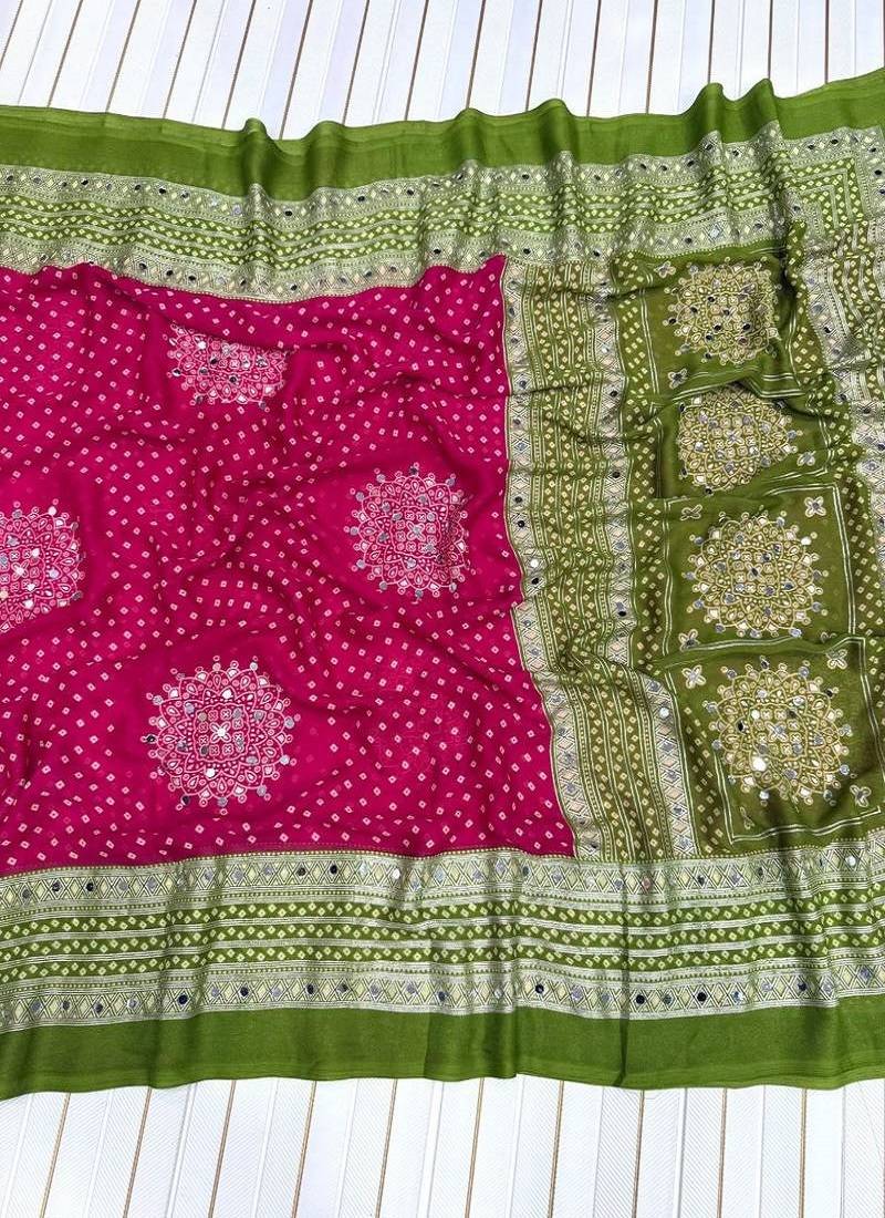 Mehendi Green Foil Print With Beautiful Mirror Crepe georgettete Saree