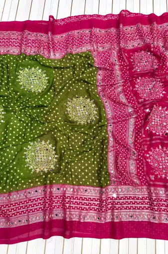 Mehendi Green Color Foil Print With Beautiful Mirror Work Crepe Georgette Saree