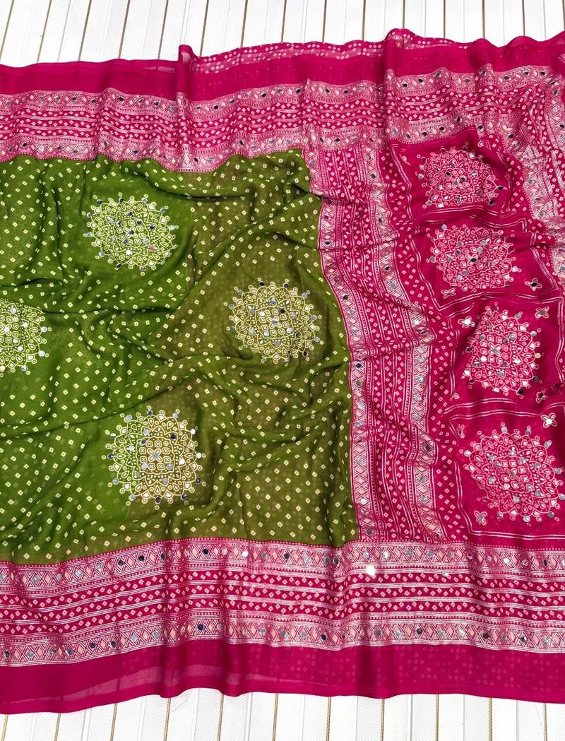 Mehendi Green Color Foil Print With Beautiful Mirror Work Crepe Georgette Saree
