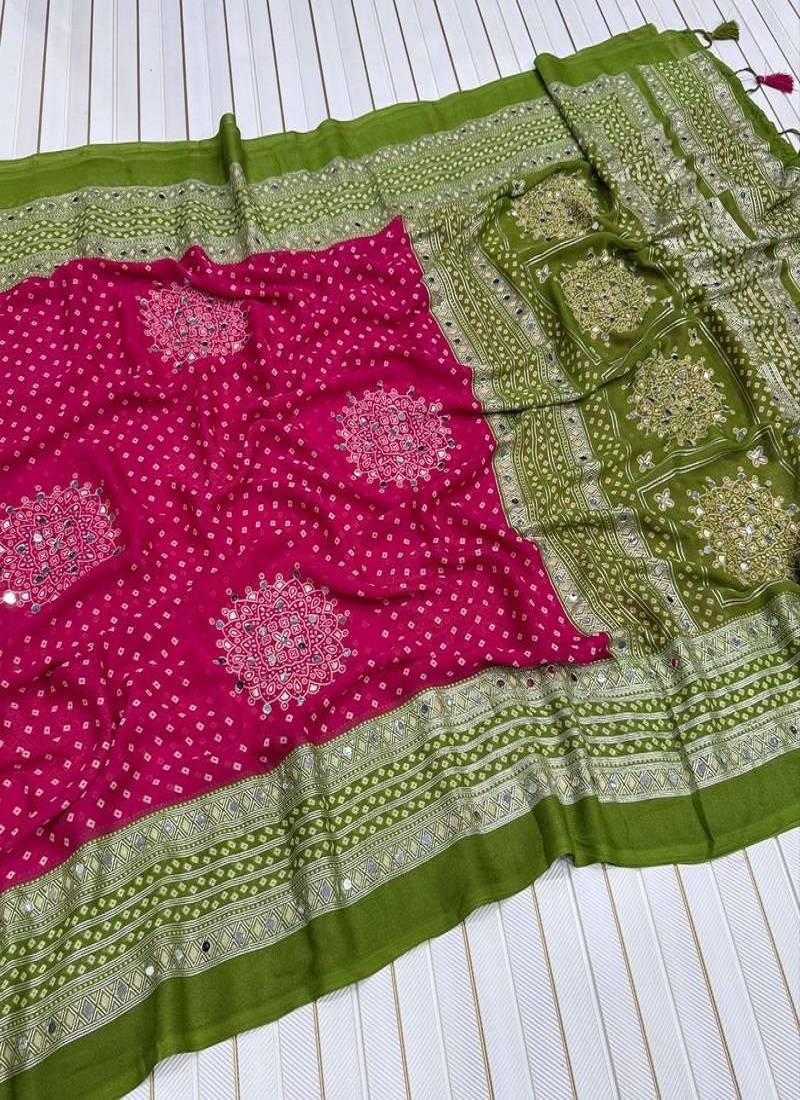 Mehendi Green Foil Print With Beautiful Mirror Crepe georgettete Saree