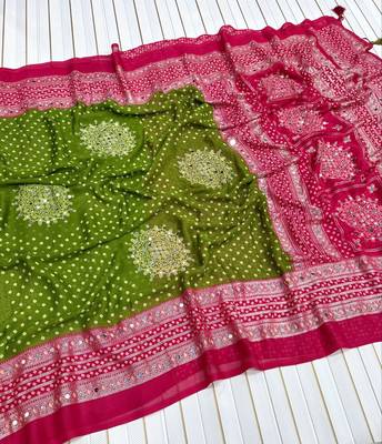Mehendi Green Color Foil Print With Beautiful Mirror Work Crepe Georgette Saree 4