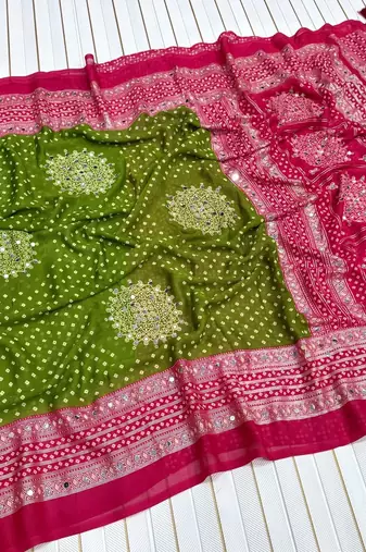 Mehendi Green Color Foil Print With Beautiful Mirror Work Crepe Georgette Saree