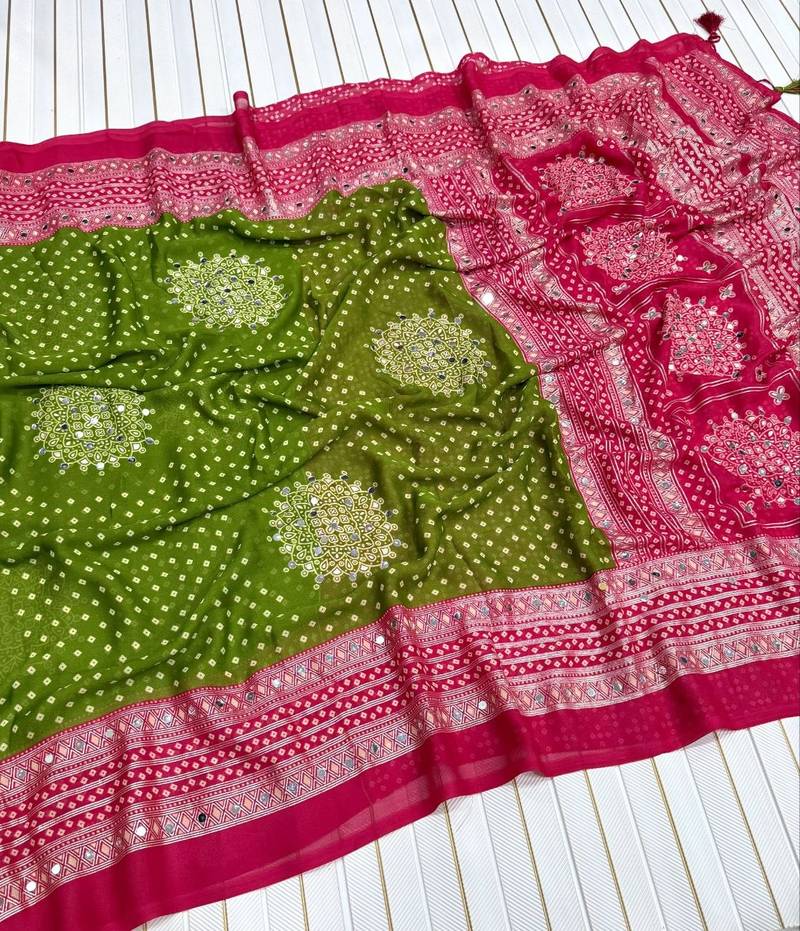 Mehendi Green Color Foil Print With Beautiful Mirror Work Crepe Georgette Saree