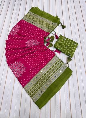Mehendi Green Foil Print With Beautiful Mirror Crepe georgettete Saree 5