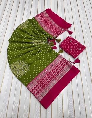 Mehendi Green Color Foil Print With Beautiful Mirror Work Crepe Georgette Saree 5