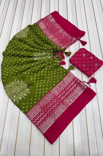 Mehendi Green Color Foil Print With Beautiful Mirror Work Crepe Georgette Saree