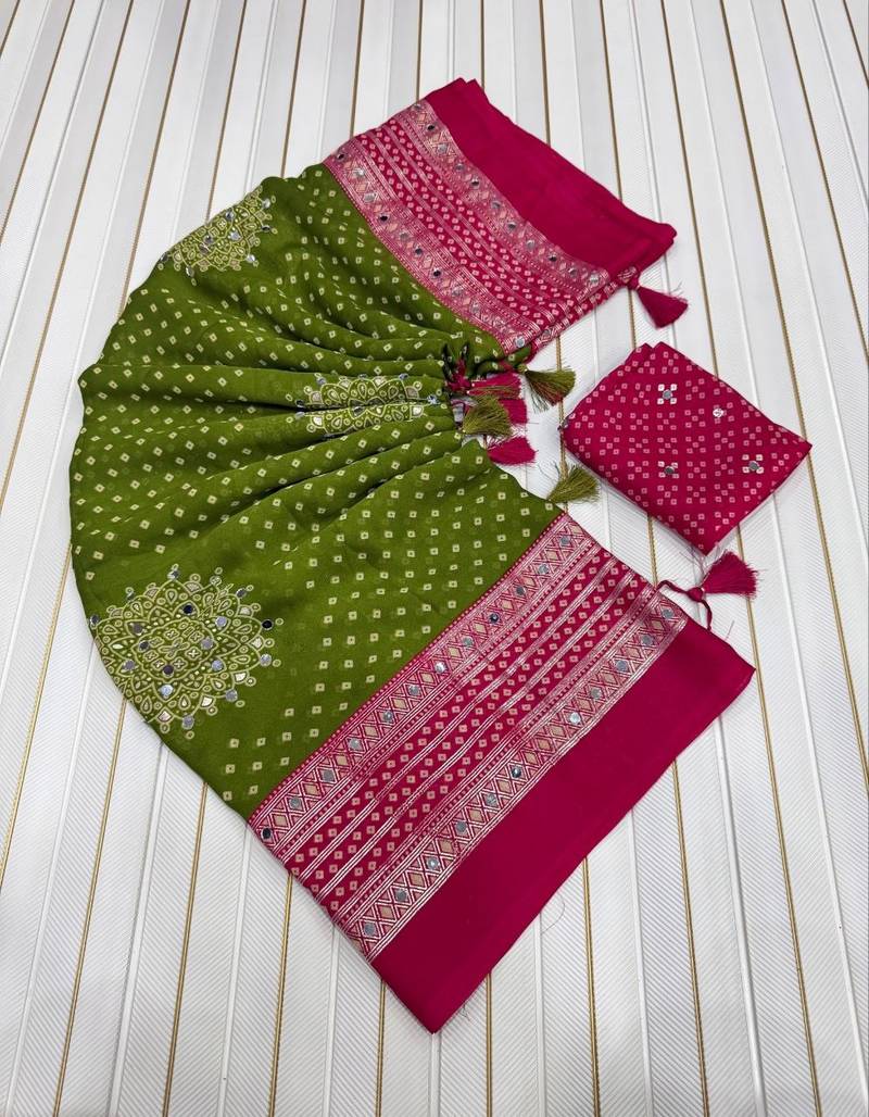 Mehendi Green Color Foil Print With Beautiful Mirror Work Crepe Georgette Saree
